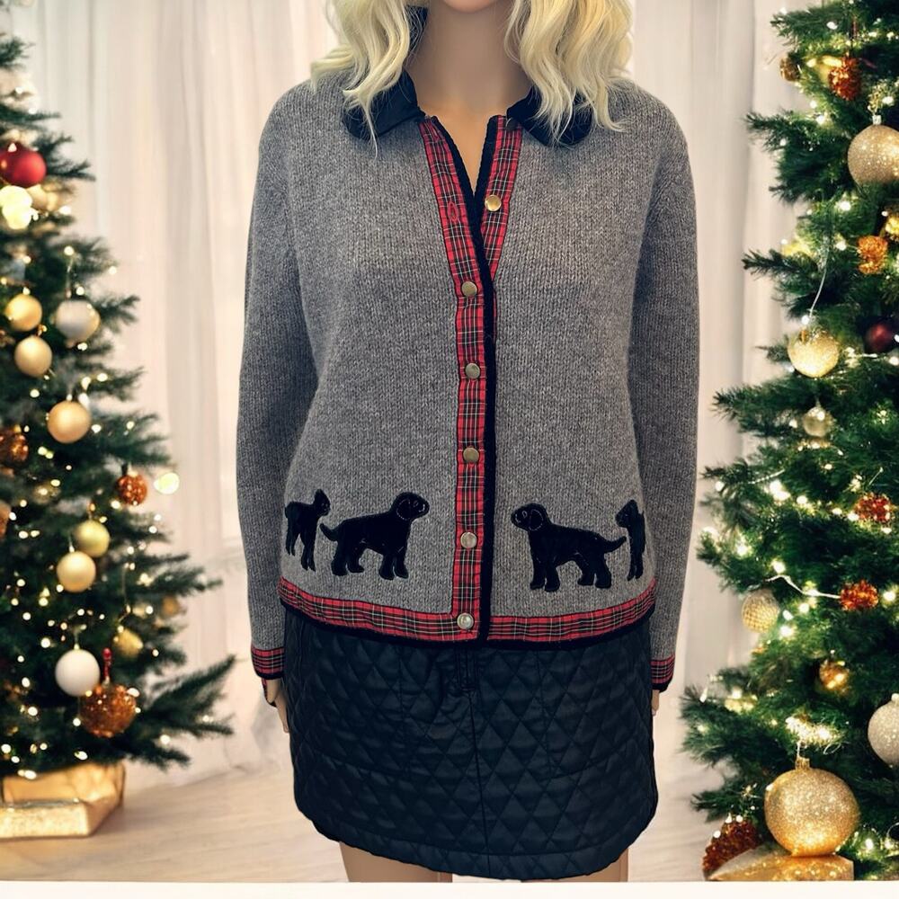 Orvis Sweater Gray Wool Dog Tartan Plaid Button Cardigan Small